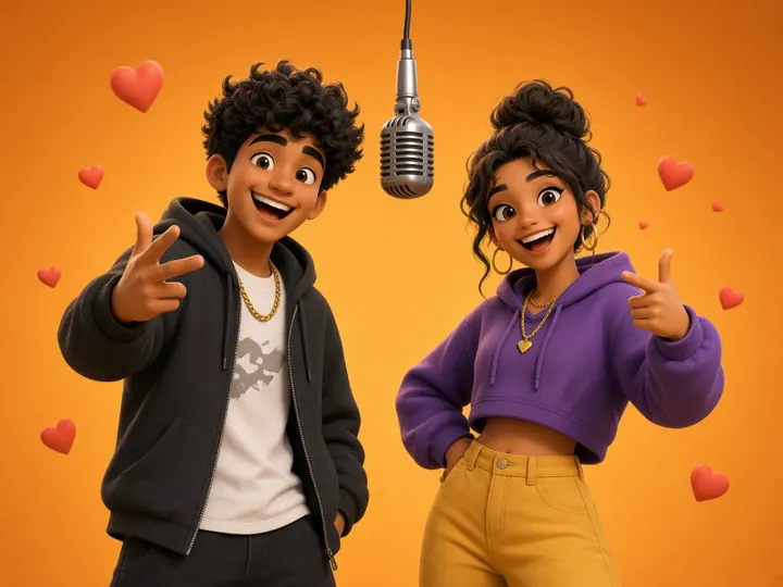 Illustration of a couple doing a playful rap duet with floating hearts