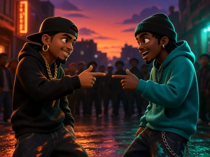 Illustration of two rappers facing off in a street rap battle at dusk